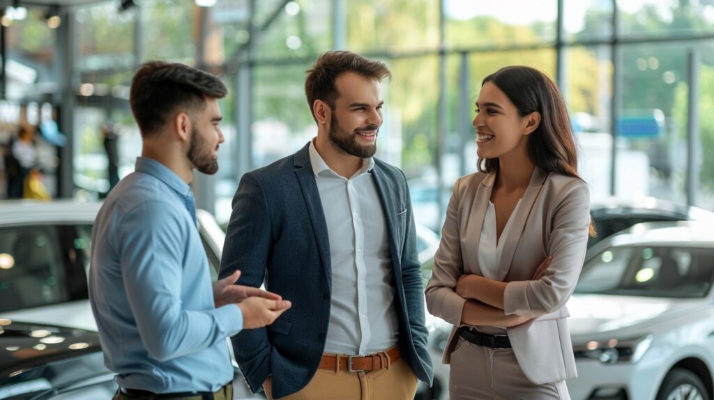 Car dealership sales team discussing front-end profit for car dealers strategies with customers.