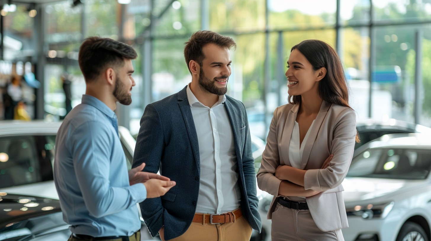 Car dealership sales team discussing front-end profit for car dealers strategies with customers.