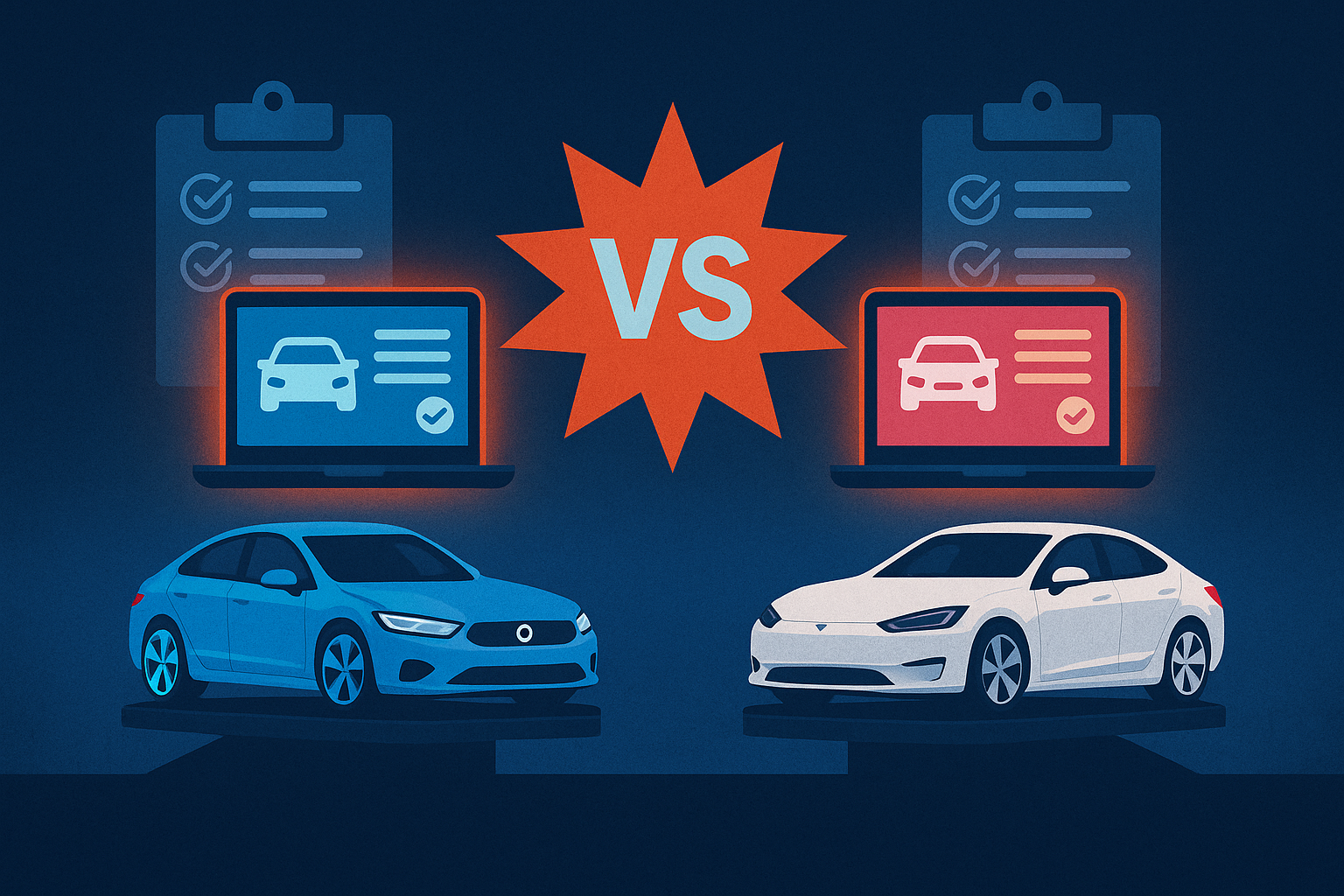 Digital illustration of two reconditioning software platforms for car dealerships, symbolized by laptops and modern sedans on car lifts, with a “VS” symbol in the center representing a head-to-head comparison.