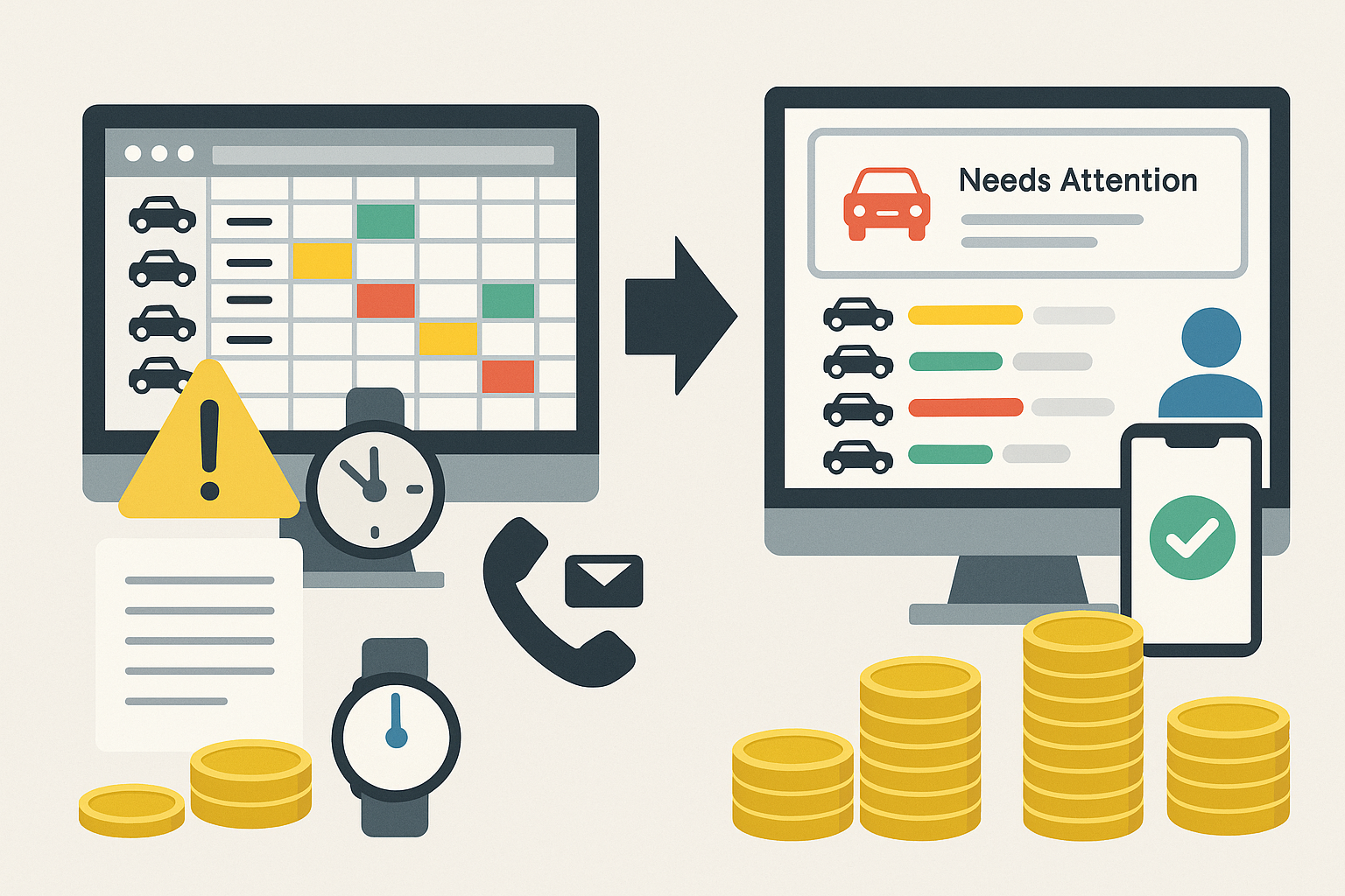 A side-by-side comparison of legacy spreadsheets and modern vehicle reconditioning software showing time delays, inefficiencies, and cost savings with digital tools.