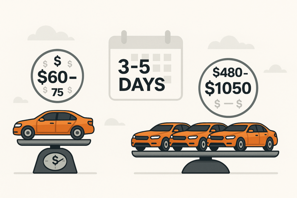 Comparison graphic showing one car with higher cost and delay vs. multiple reconditioned cars with faster turnaround and increased profit margins.