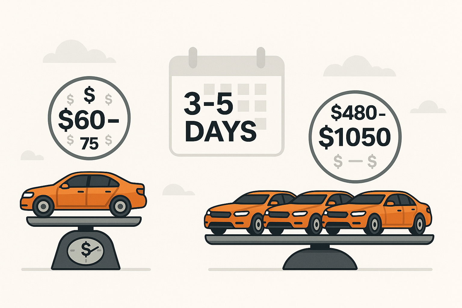 Comparison graphic showing one car with higher cost and delay vs. multiple reconditioned cars with faster turnaround and increased profit margins.