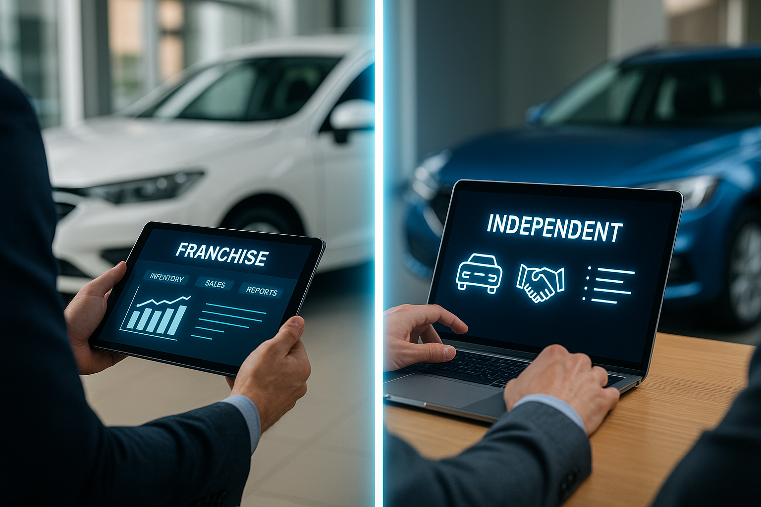 Side-by-side comparison of franchise and independent car dealership software interfaces shown on a tablet and a laptop in modern dealership environments.