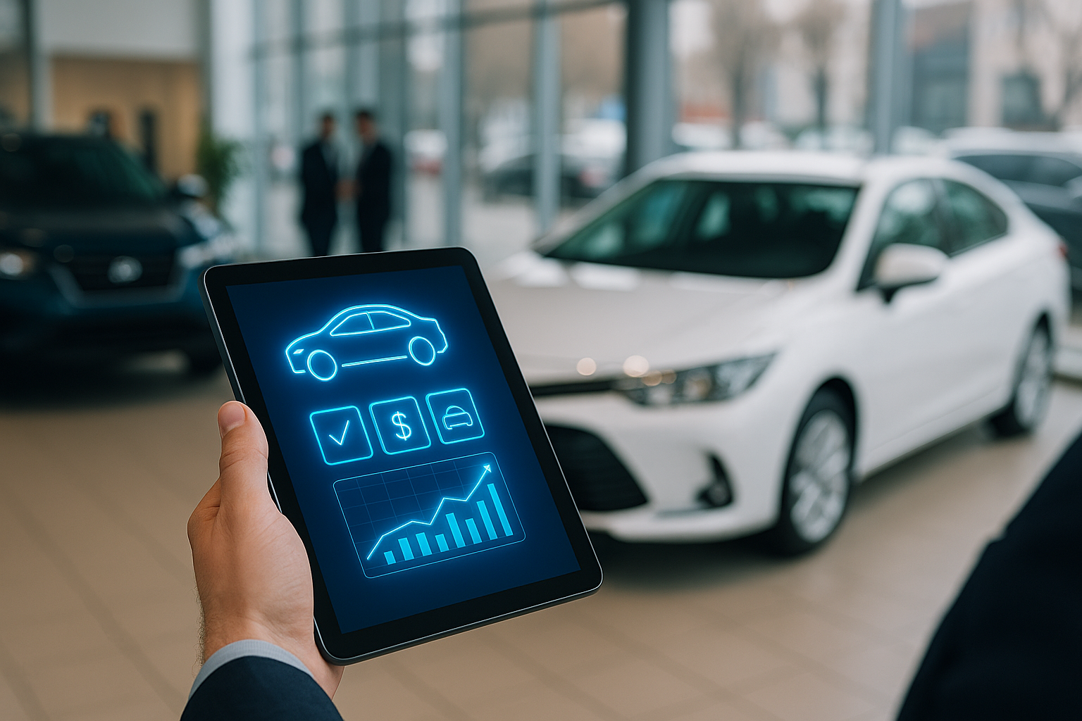 Person using a tablet with automotive dealership software interface in a modern car showroom featuring white and blue sedans.