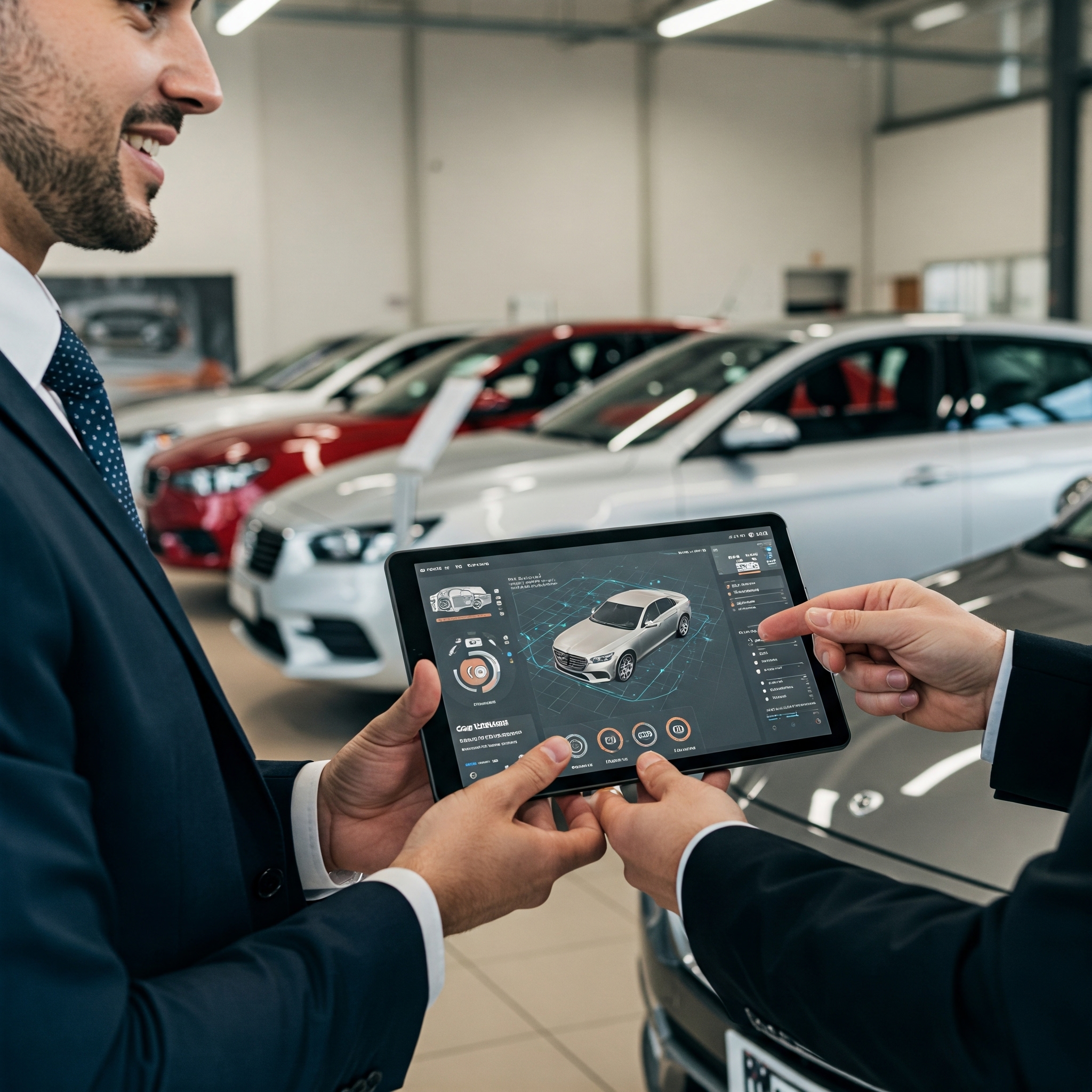 Two car dealership professionals using a digital tablet with a car appraisal software interface in a showroom filled with modern vehicles.