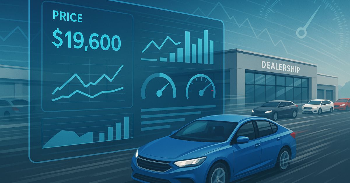 Car dealership software dashboard analyzing pricing strategies to turn used car inventory faster