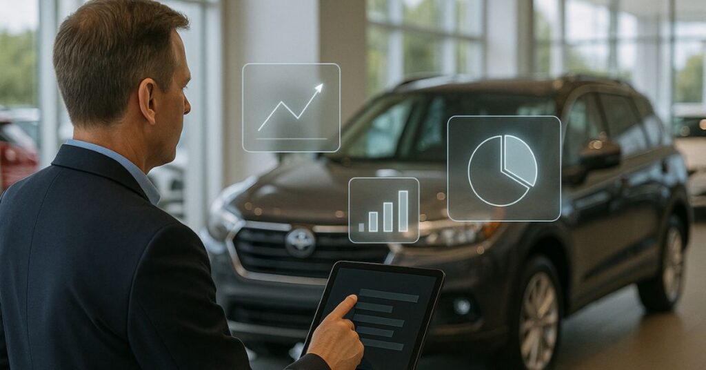A used car parked in a dealership lot with floating digital dashboards representing inventory insights and real-time pricing analytics, symbolizing API integration for maximizing dealership profitability.