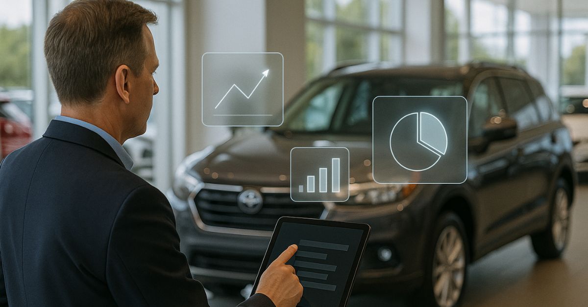 A used car parked in a dealership lot with floating digital dashboards representing inventory insights and real-time pricing analytics, symbolizing API integration for maximizing dealership profitability.