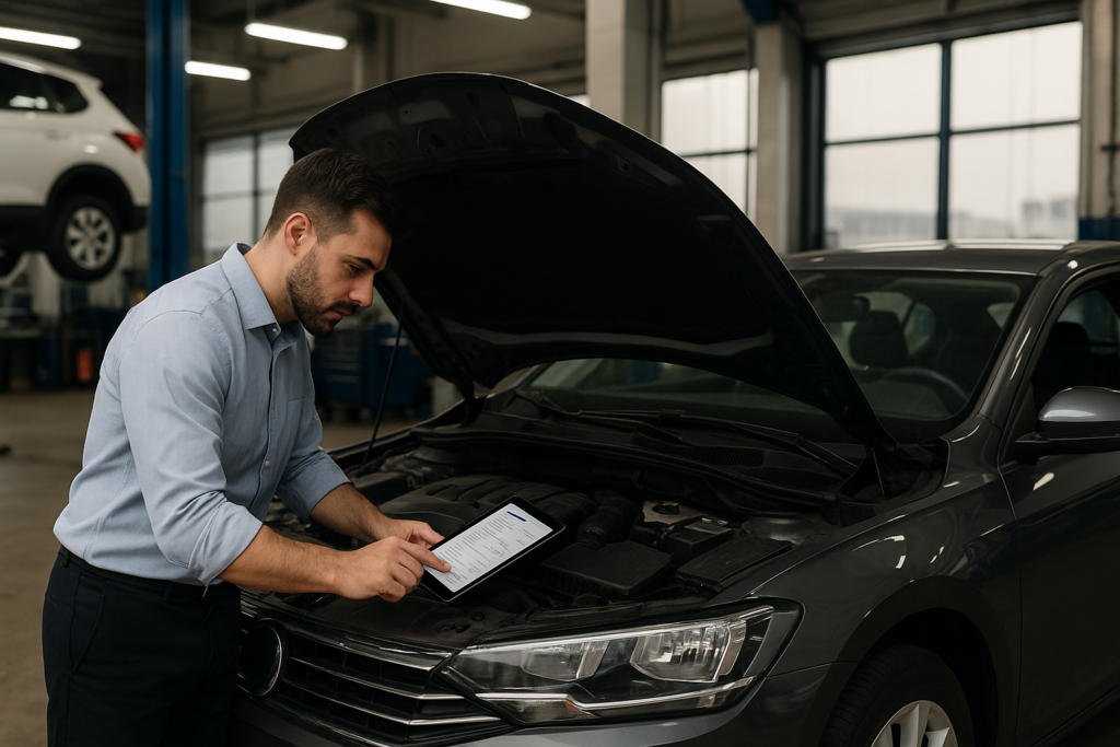 Dealership service team working on vehicle reconditioning using digital workflow software to speed up turnaround