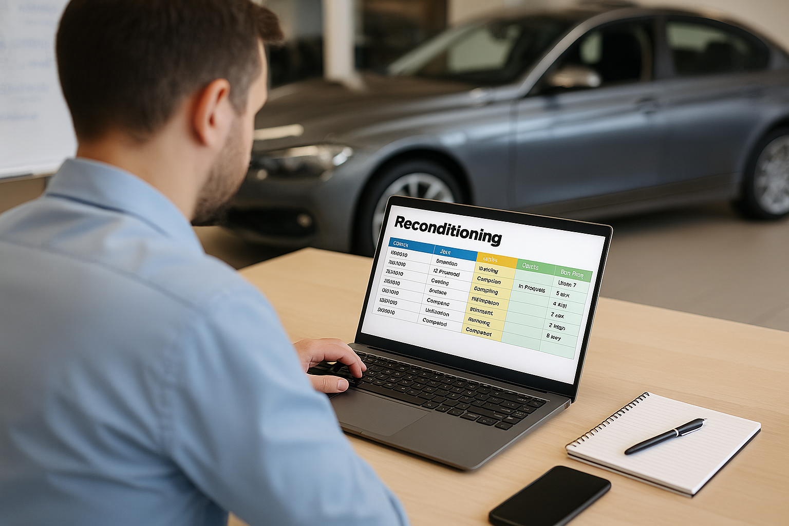 Car dealership manager reviewing complex spreadsheets compared to streamlined dealership software dashboard