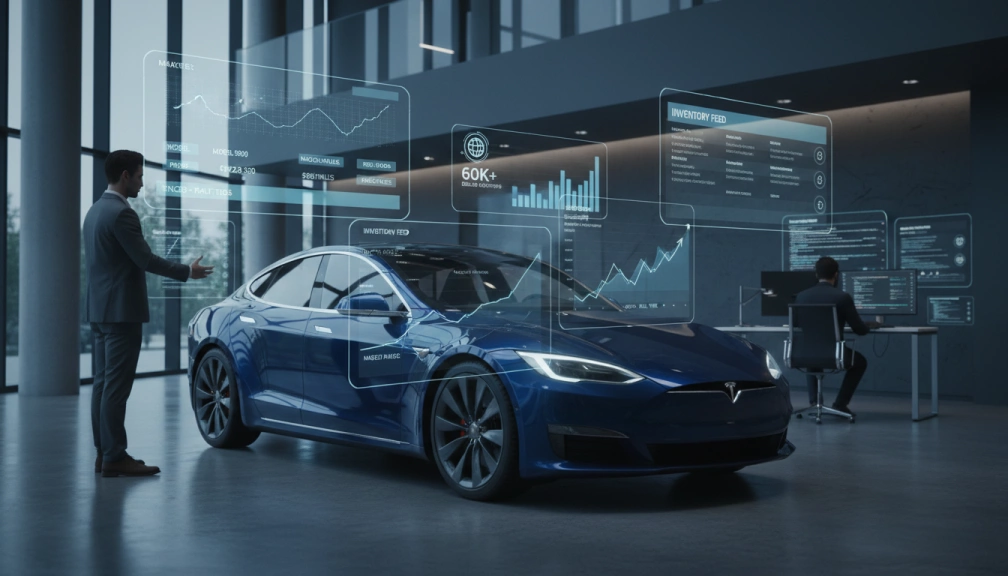 Diagram showing a Dealer Inventory API syncing vehicle listings across multiple platforms including dealer websites and third-party marketplaces