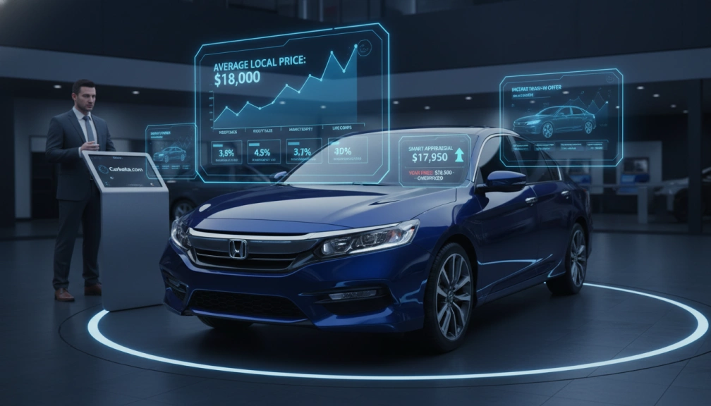 Car dealership manager analyzing real-time vehicle market data and valuation API results on a screen
