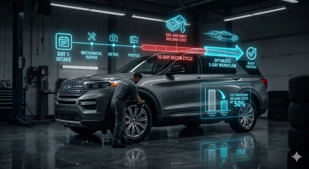 A technician working on a grey SUV in a dark auto shop, featuring a neon blue 3D holographic overlay that illustrates steps to optimize a 10-day vehicle reconditioning workflow down to 5 days to cut holding costs by 50%.